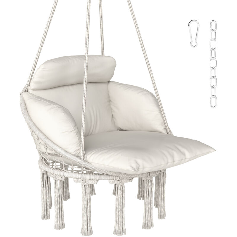 Chaise suspendue de jardin - grand coussin inclus - macramé coton polyester blanc cassé