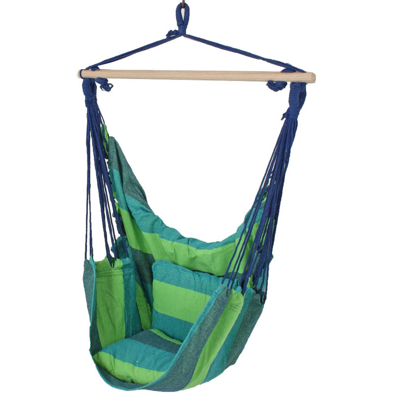 Chaise suspendue d'extérieur sans cadre Balançoire suspendue en bois de coton, en bleu vert avec 2 coussins, x h 90x120 cm