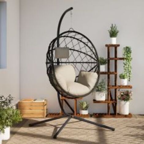 Chaise suspendue en forme d'œuf et support beige rotin et acier