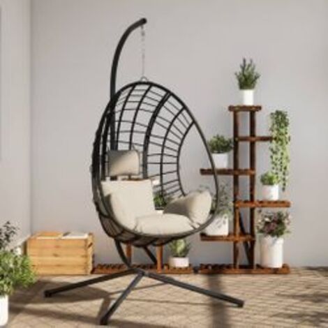 Chaise suspendue en forme d'œuf et support beige rotin et acier