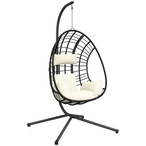 Chaise suspendue en forme d'œuf et support beige rotin et acier