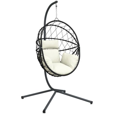 Chaise suspendue en forme d'œuf et support beige rotin et acier CFW649681