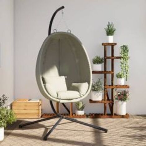 Chaise suspendue en forme d'œuf et support beige tissu et acier