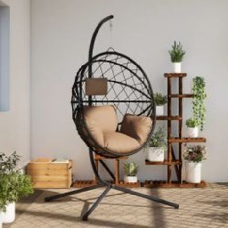 Chaise suspendue en forme d'œuf et support taupe rotin et acier
