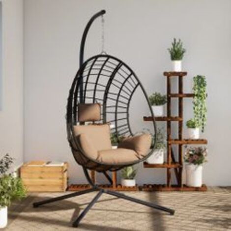 Chaise suspendue en forme d'œuf et support taupe rotin et acier