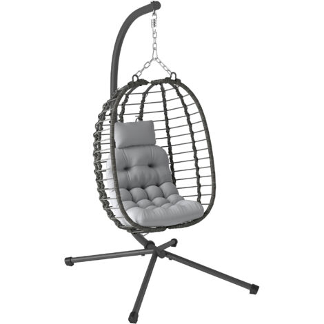 Chaise suspendue en rotin œuf avec coussin et appuie-tête, hauteur réglable et siège pliable, gris