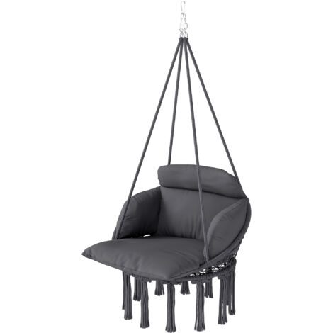 Chaise suspendue gris foncé 80x60x40cm avec coussin épais, hamac franges, kit suspension inclus