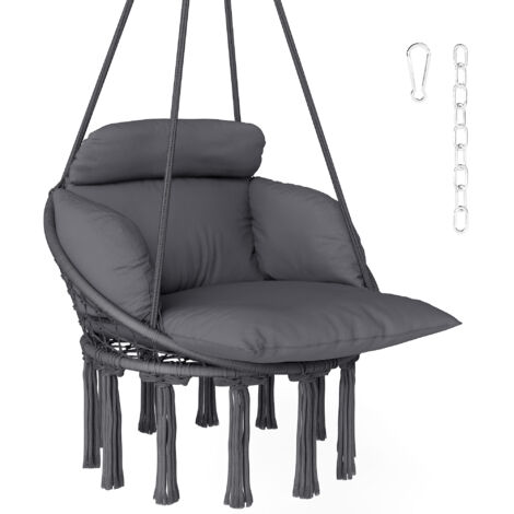 Chaise suspendue grise avec coussin moelleux, kit de montage inclus, dimensions 80x60x40 cm, idéale pour jardin ou terrasse.