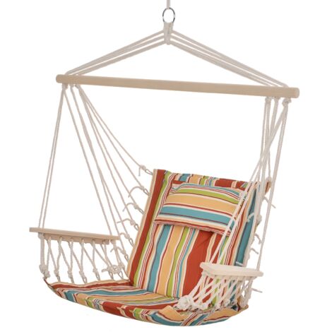 Chaise suspendue hamac voyage multicolore rayé, 100x106 cm, coton macramé/polyester.
