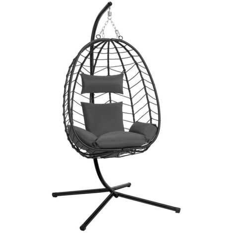 Chaise suspendue œuf, fauteuil hamac rotatif avec structure en acier, coussin confortable et appui-tête, charge max 150 kg, usage jardin, balcon et terrasse décorative, gris foncé