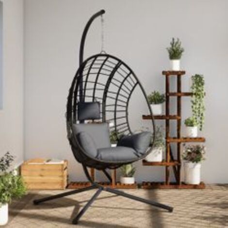 Chaise suspendue œuf support anthracite rotin et acier