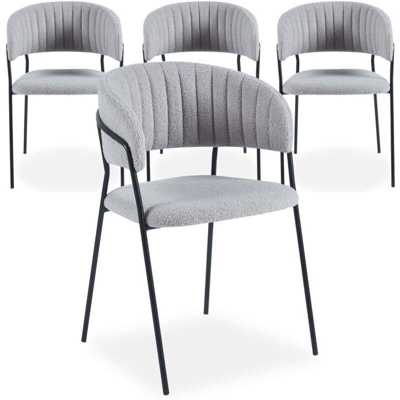 Cotecosy - Lot de 4 chaises Tabata Métal Noir et Tissu bouclette Gris