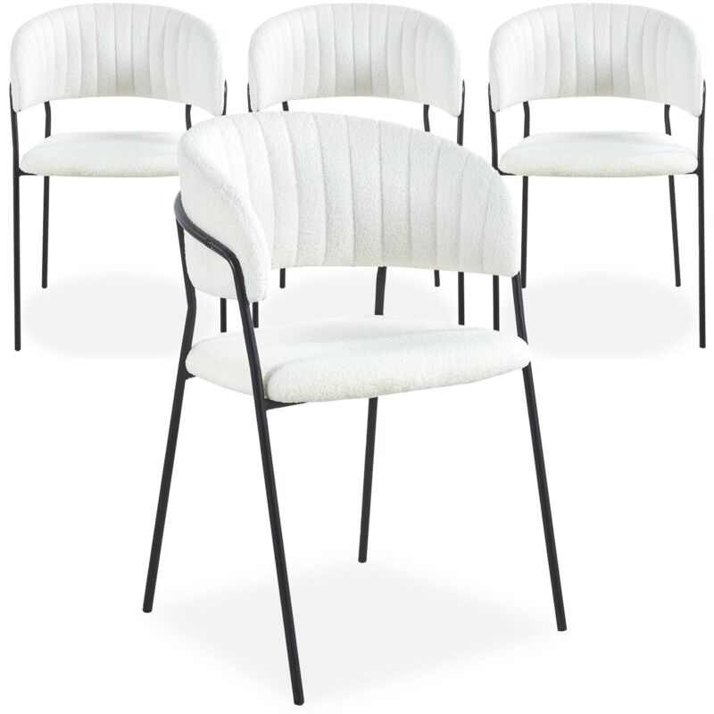 Cotecosy - Lot de 4 chaises Tabata Métal Noir et Tissu bouclette Crème