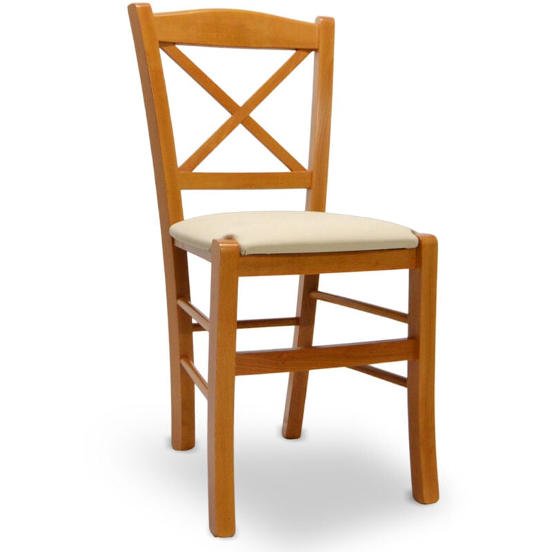 Chaise Venezia en bois cerisier avec dossier en croix assise en similicuir beige