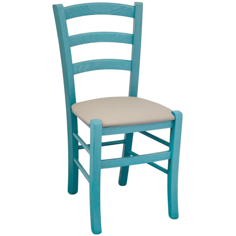 Chaise en bois Venezia turquoise avec assise en similicuir gris tourterelle