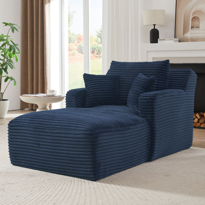 Chaiselongue convertible en velours côtelé bleu, fauteuil relax et lit banquette, sans montage, gain de place