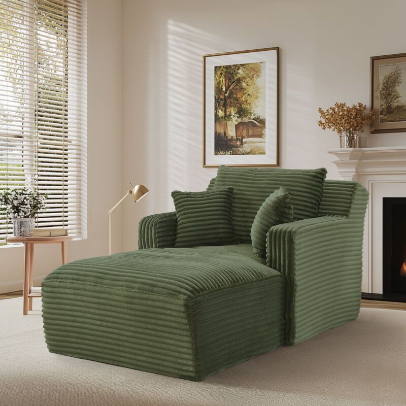 Chaiselongue convertible en velours côtelé vert, fauteuil relax / lit banquette, sans montage, pour salon ou bureau