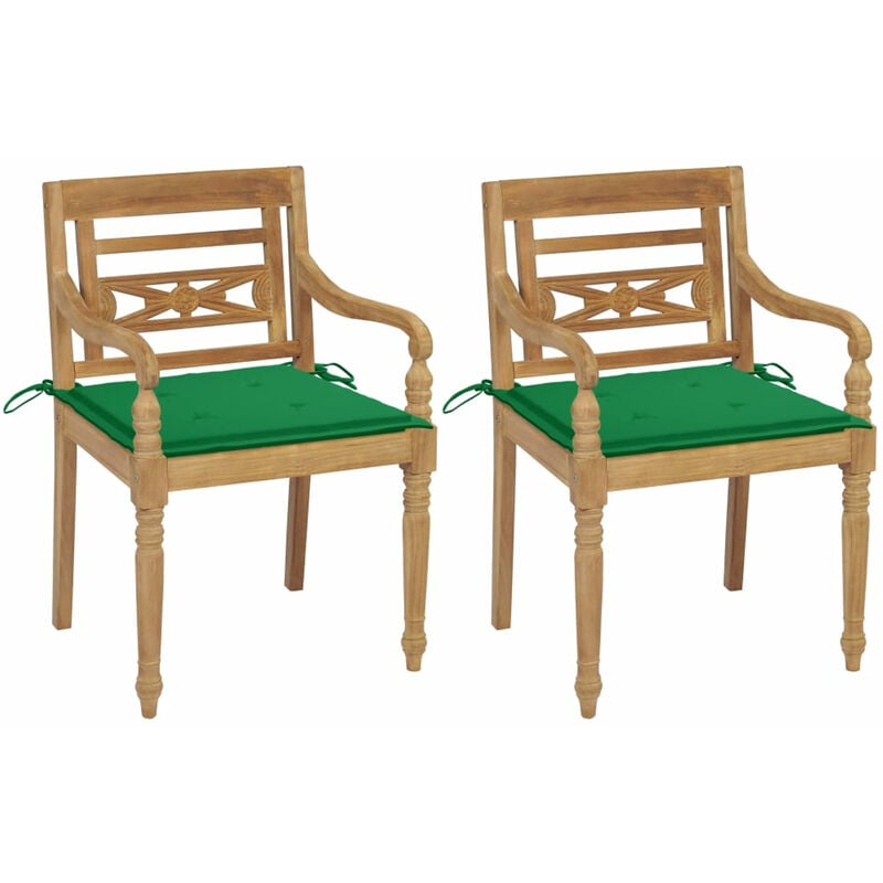 Chaises Batavia 2 pcs avec coussins verts Bois de teck massif