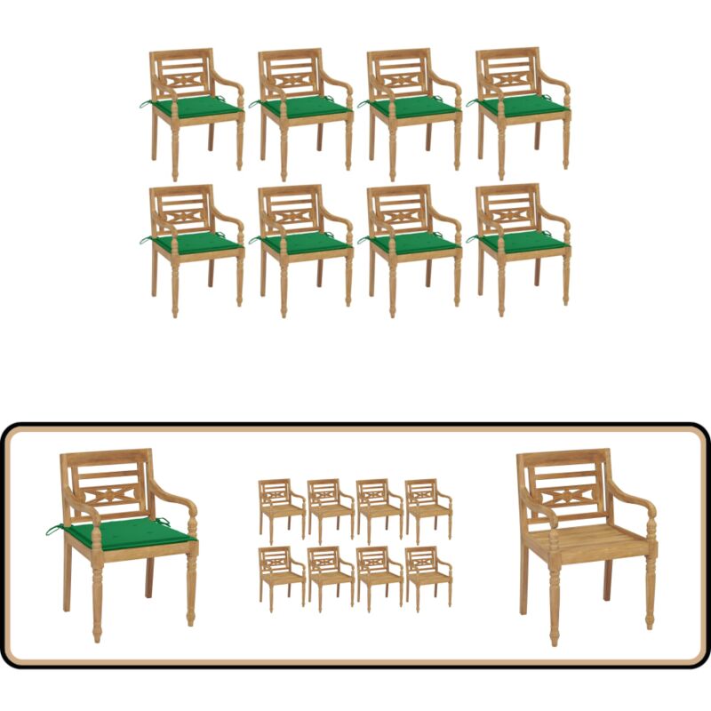 Chaises Batavia avec coussins lot de 8 Bois de teck solide - Chaise Jardin - Fauteuil Jardin - Mobilier Jardin - Teck - Chaise Extérieure