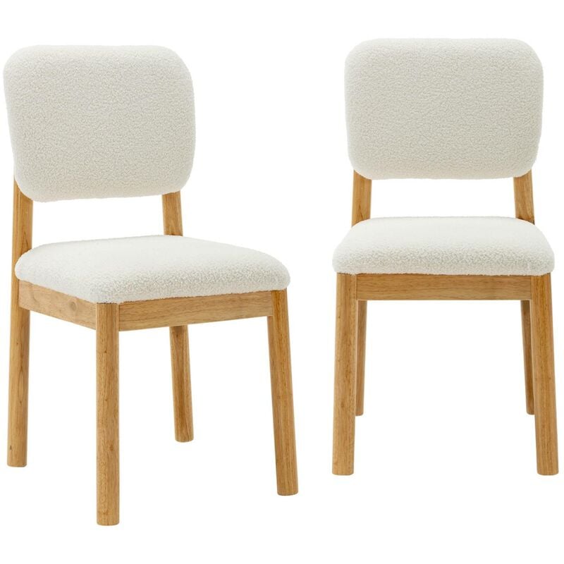 Lot de 2 chaises scandinaves piètement en bois d'hévéa revêtement bouclette - Blanc