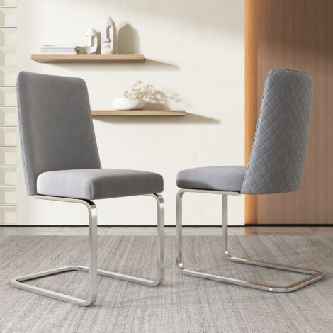 Chaises cantilever en velours - dossier à motif de losange - piètement en métal argenté - Gris - 2 pièces