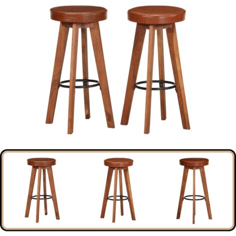 Chaises de bar lot de 2 cuir véritable et bois d'acacia solide - Chaise De Bar - Tabouret De Bar - Meuble De Salon - Meubles Design - Cuisine Moderne