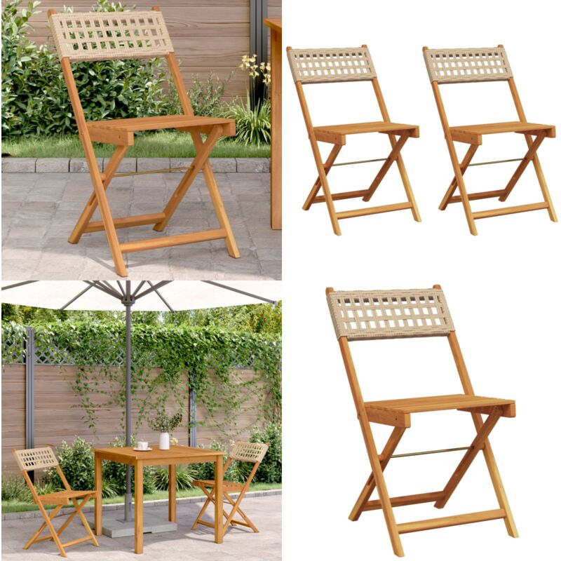 Chaises de bistrot lot de 2 beige bois massif d'acacia et rotin - Chaise De Jardin - Chaise Bistro - Mobilier De Jardin - Fauteuil De Jardin