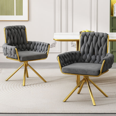 Chaises de bureau, chaises de salle à manger, fauteuil, pivotant à 360°, pieds en métal, velours - Gris, 2 pièces.
