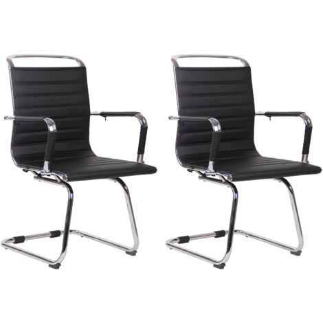 Chaises de bureau fauteuils sans roulettes x2 piétement luge en métal chromé assise en PVC noir 100003106