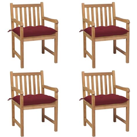Chaises de jardin 4 pcs avec coussins bordeaux Teck solide 3