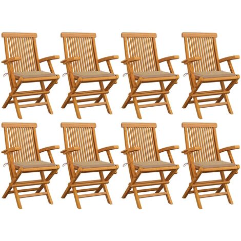 Chaises de jardin avec coussins beige 8 pcs Bois de teck massif 2