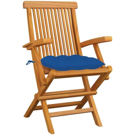 Chaises de jardin avec coussins bleu lot de 3 Bois teck massif