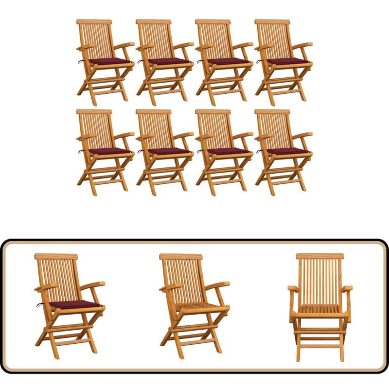 Chaises de jardin avec coussins bordeaux lot de 8 Teck massif - Chaise De Jardin - Mobilier De Jardin - Fauteuil De Jardin - Terrasse - Jardin