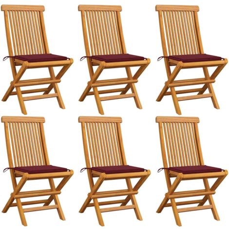 Chaises de jardin avec coussins rouge bordeaux lot de 6 Teck vidaXL