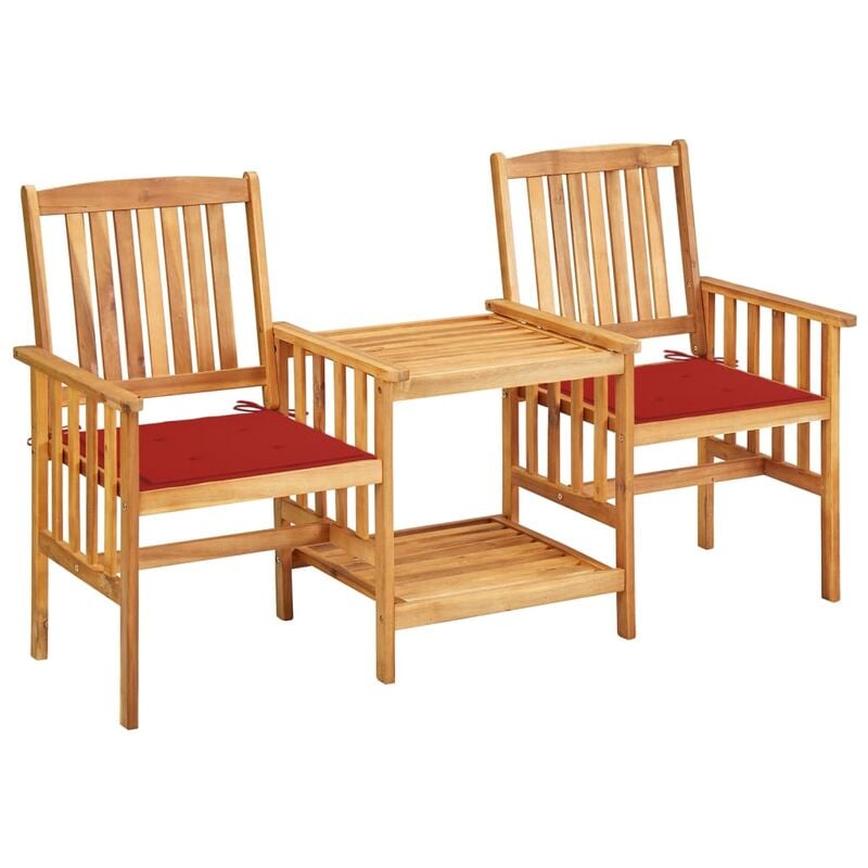 Chaises de jardin avec table à thé et coussins Acacia solide - Rouge