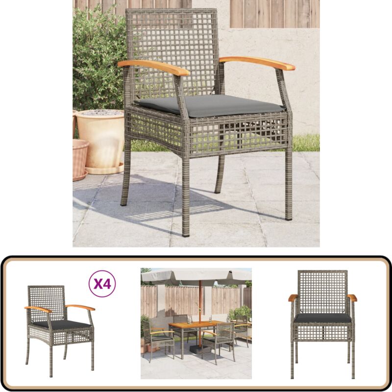 Chaises de jardin coussins lot de 4 gris résine tressée acacia - Chaise De Jardin - Fauteuil De Jardin - Mobilier De Jardin - Résine Tressée - Rotin