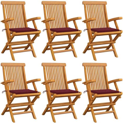 Chaises de jardin coussins rouge bordeaux lot de 6 Teck massif vidaXL