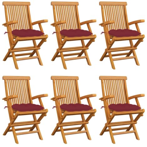 Chaises de jardin coussins rouge bordeaux lot de 6 Teck massif vidaXL