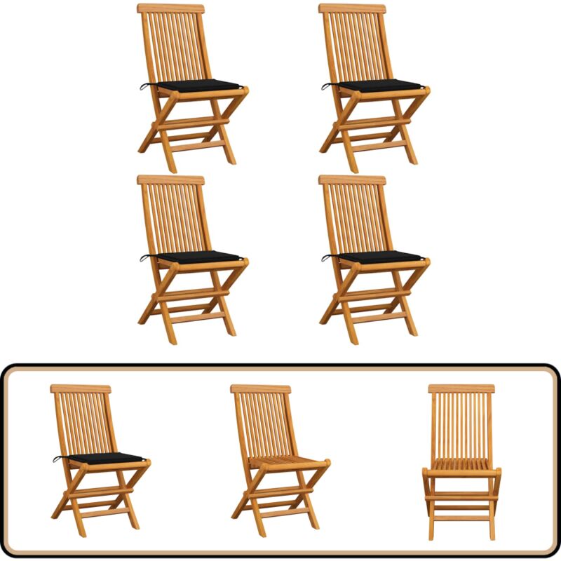 Chaises de jardin et coussins noir lot de 4 Bois de teck massif - Chaise De Jardin Pliable - Chaise De Jardin En Bois - Chaise De Jardin Teck