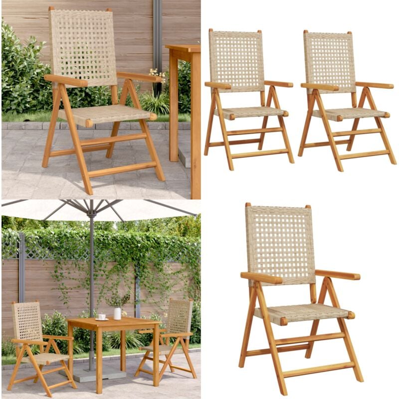 Chaises de jardin lot de 2 beige bois massif d'acacia et rotin - Chaise De Jardin - Fauteuil De Jardin - Mobilier De Jardin - Salon De Jardin