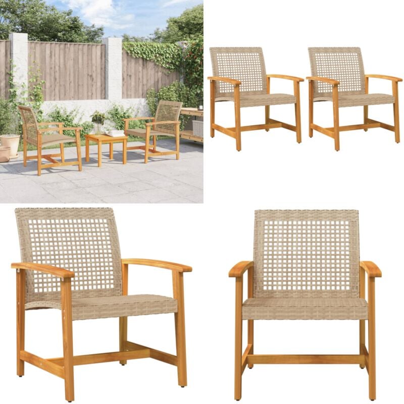 Chaises de jardin lot de 2 beige résine tressée bois d'acacia - Chaise De Jardin - Mobilier De Jardin - Fauteuil De Jardin - Résine Tressée - Rotin