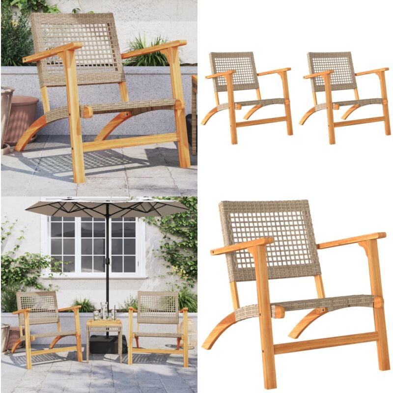 Chaises de jardin lot de 2 beige résine tressée bois d'acacia - Chaise De Jardin - Salon De Jardin - Mobilier De Jardin - Résine Tressée - Fauteuil