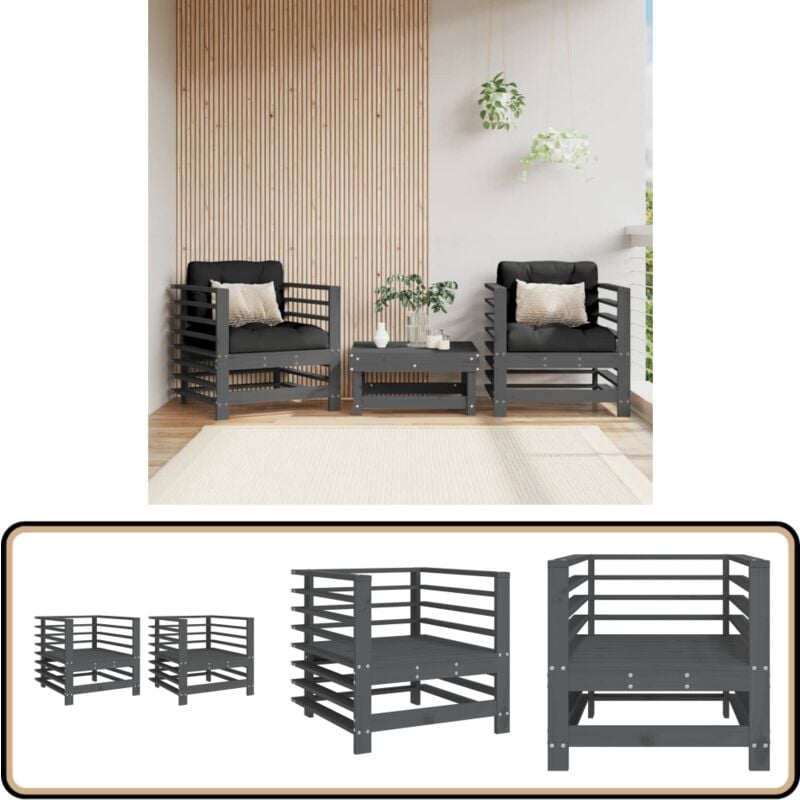Chaises de jardin lot de 2 gris bois massif de pin - Chaise De Jardin - Mobilier De Jardin - Fauteuil Extérieur - Salon De Jardin - Table Basse