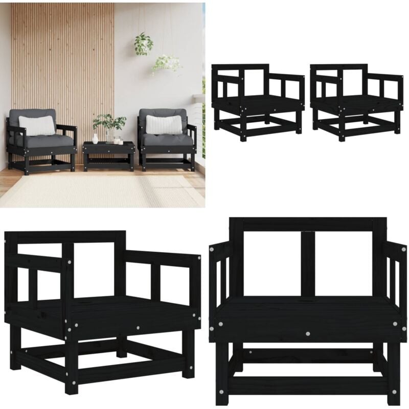 Chaises de jardin lot de 2 noir bois massif de pin - Chaise De Jardin - Mobilier De Jardin - Chaise Extérieure - Fauteuil De Jardin - Ensemble De
