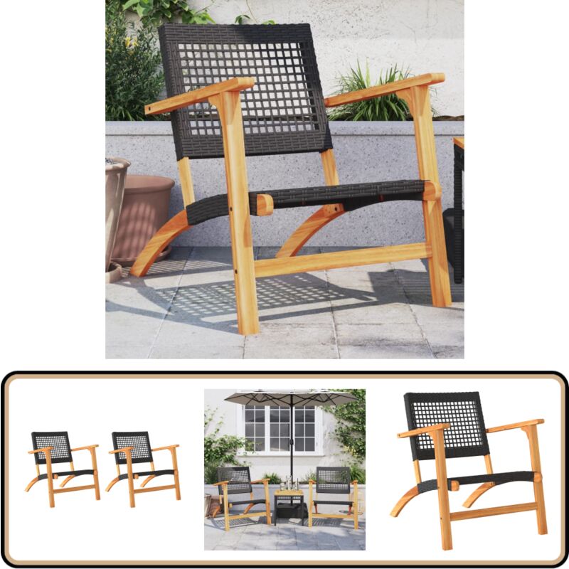 Chaises de jardin lot de 2 noir résine tressée et bois d'acacia - Chaise De Jardin - Salon De Jardin - Mobilier De Jardin - Fauteuil De Jardin