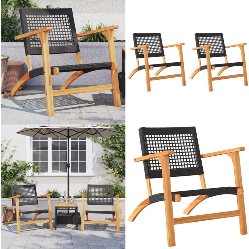 Chaises de jardin lot de 2 noir résine tressée et bois d'acacia - Chaise De Jardin - Salon De Jardin - Mobilier De Jardin - Fauteuil De Jardin