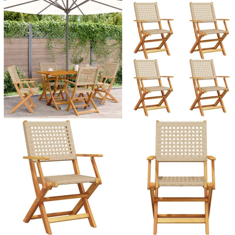 Chaises de jardin pliantes lot de 4 beige rotin et bois massif - Chaise De Jardin - Fauteuil De Jardin - Mobilier De Jardin - Meubles De Jardin