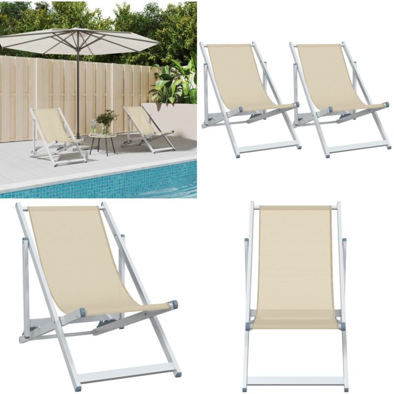 Chaises de plage pliantes lot de 2 crème aluminium et textilène - Chaise De Plage - Chaise Longue - Mobilier De Jardin - Textile - Aluminium - Home &