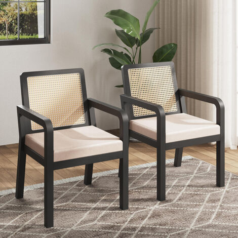 Chaises de salle à manger (2 pièces), revêtement en velours, design ergonomique, dossier en rotin tressé, pieds en bois d'hévéa, noir