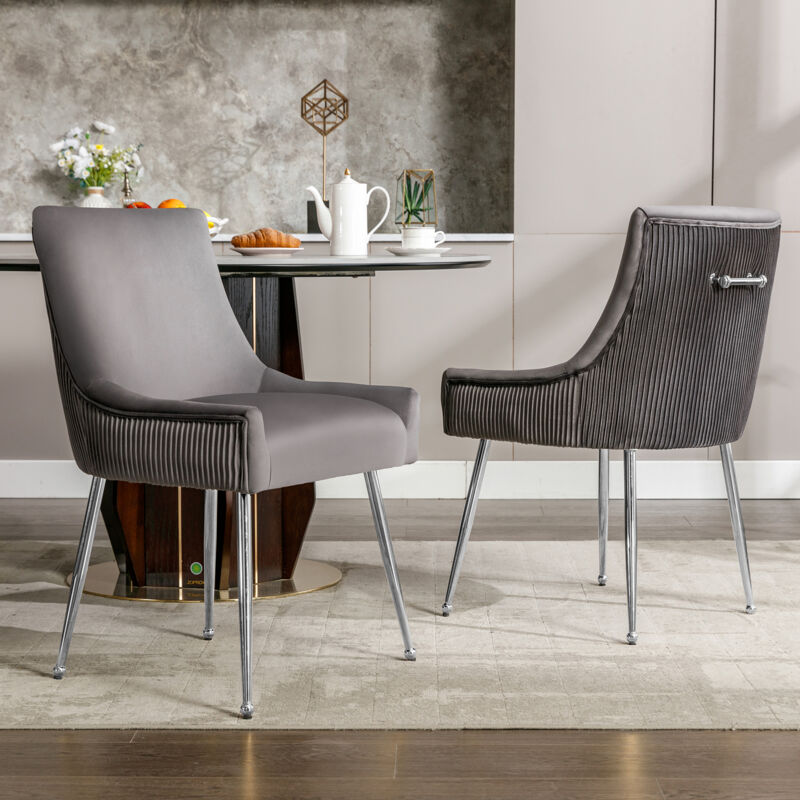 Chaises de salle à manger à rayures verticales, fauteuil rembourré avec poignée en métal, Velours, Pieds en métal argenté, gris, 2 Pcs